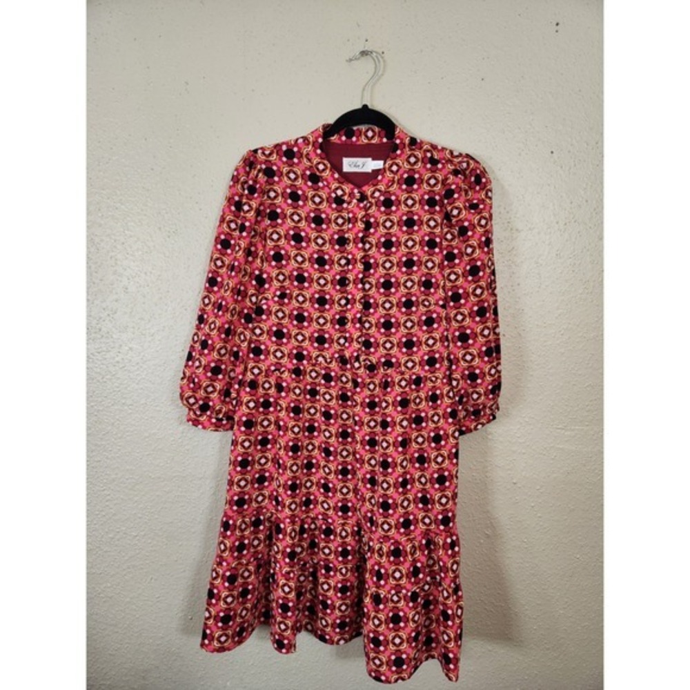 Eliza J Floral Geometric Print Dress‎ Long Sleeve Tiered Pink Black Size 2